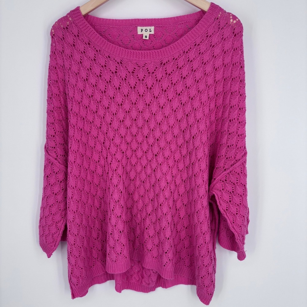 POL Sweater Womens Small Pink Crochet Knit Pointelle Oversized Slouchy Boho Top